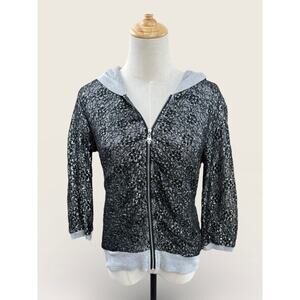 Point Black and Silver Floral Textured Sparkle Hoodie, 3/4 Sleeve, Size M
